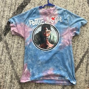 poetic justice T-shirt. Size small. Purple, blue, and pink.